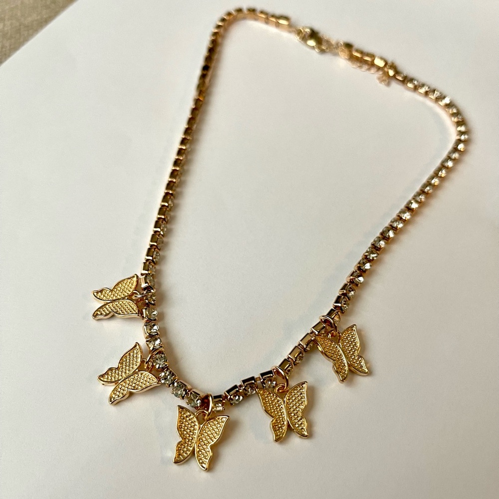 Gold - Rhinestone Chain with Butterfly Pendants